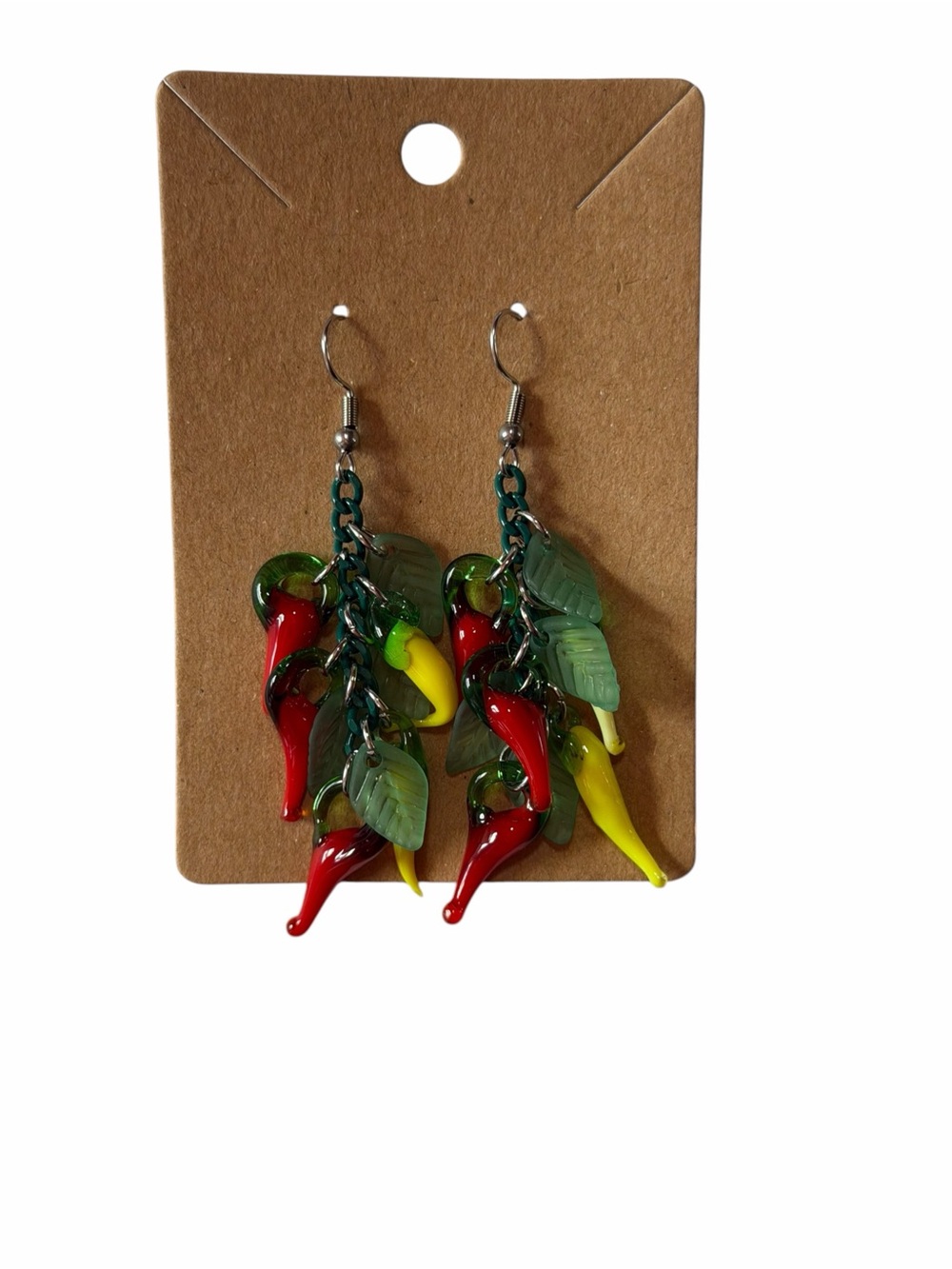 Red & Yellow Chili Dangle Earrings with Green Leaves